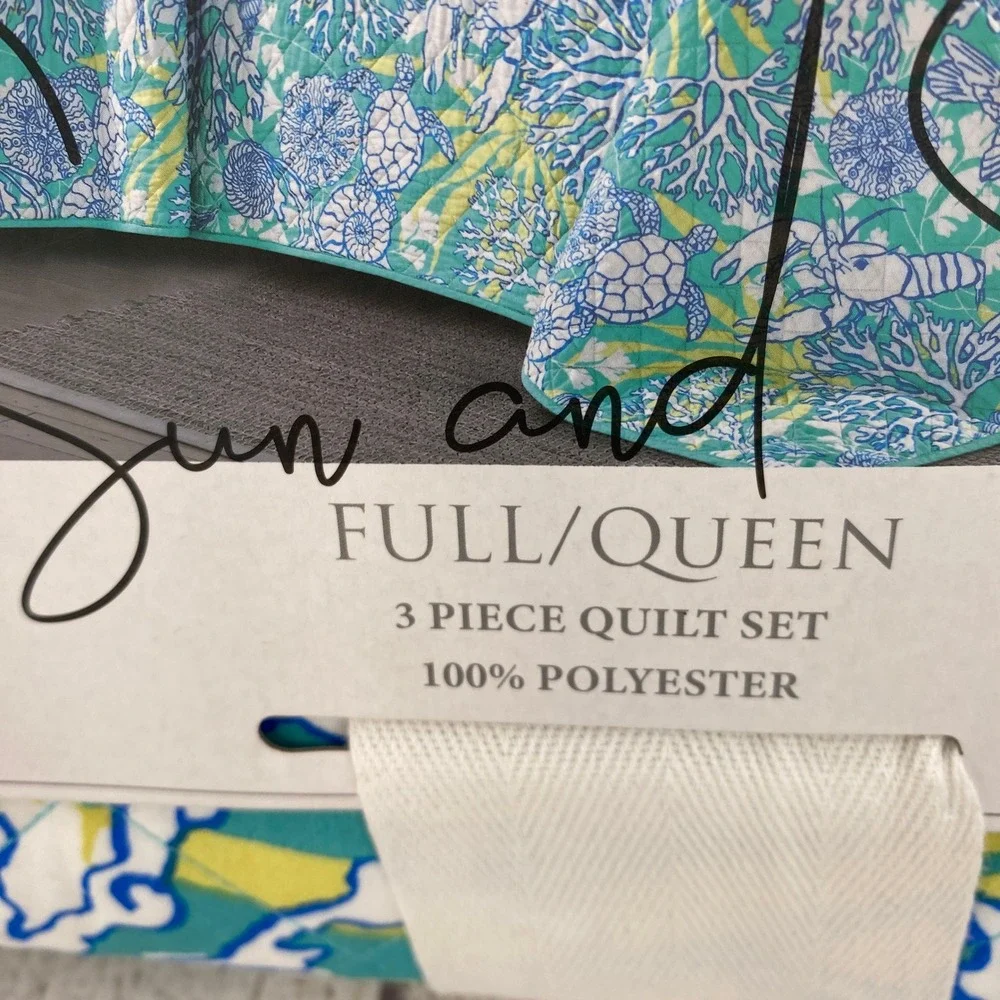 Sun and Sea Quilt Set Full Queen Teal Blue Coastal Marine Life Beach Tropical